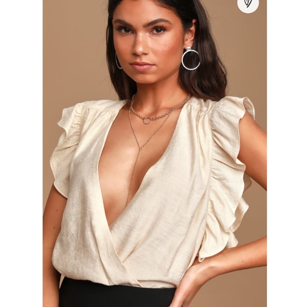 Beige Ruffled Surplice Bodysuit